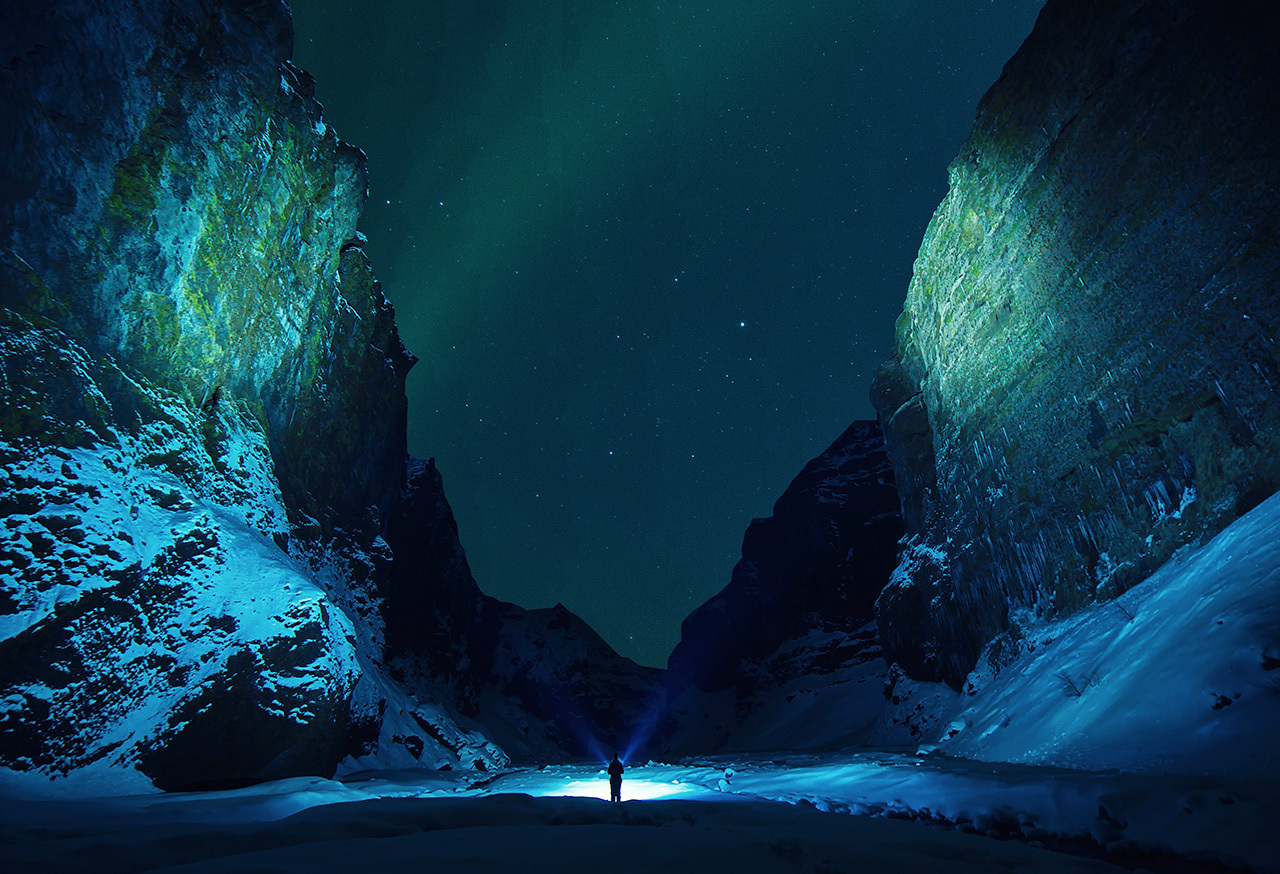 Person in a valley at night
