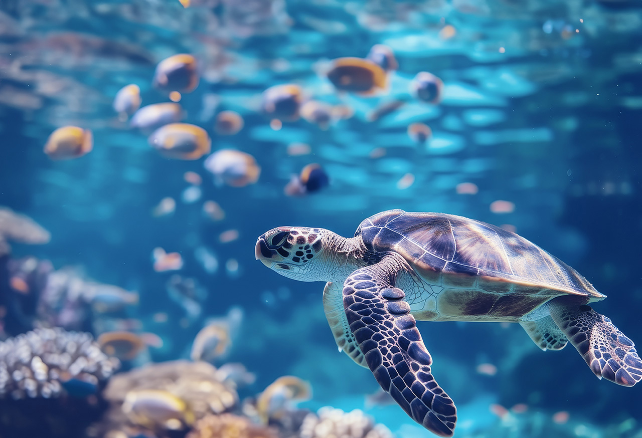 Turtle swimming near coral